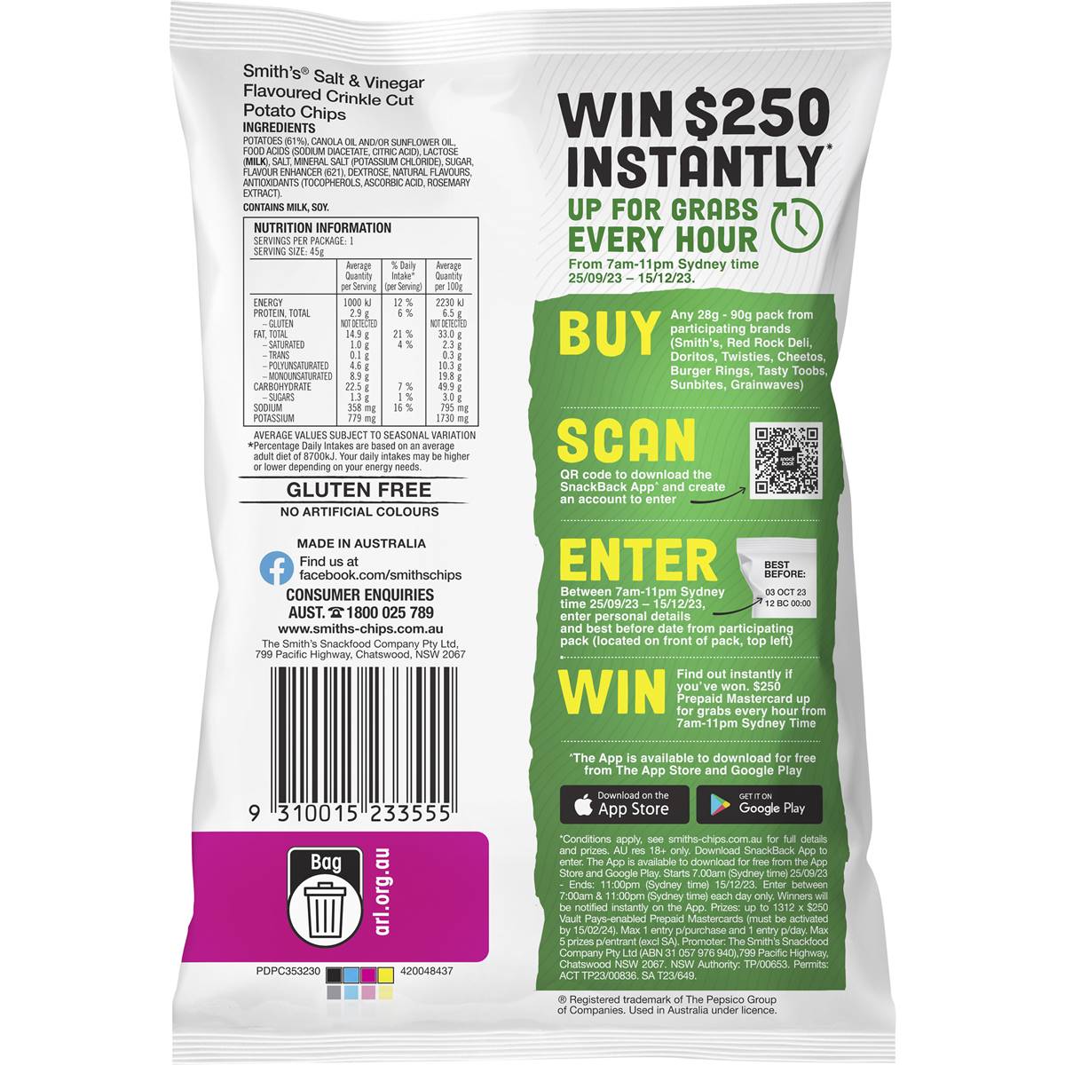 Smith's Chips Single Pack Salt & Vinegar 45g Woolworths