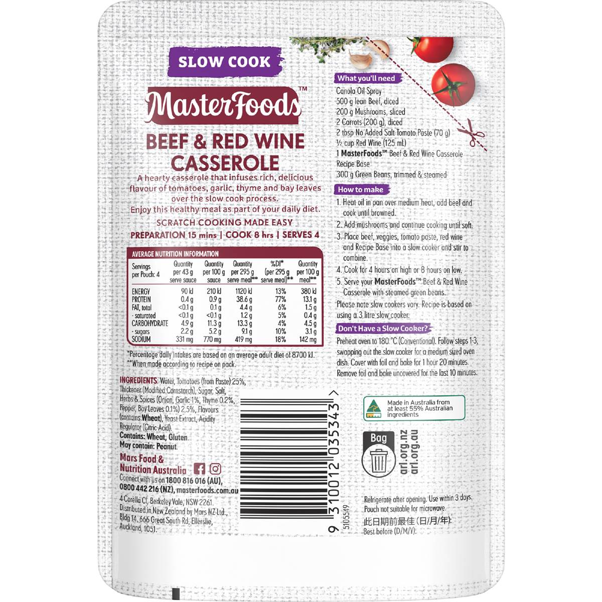 Masterfoods Slow Cooker Beef & Red Wine Casserole 175g Woolworths