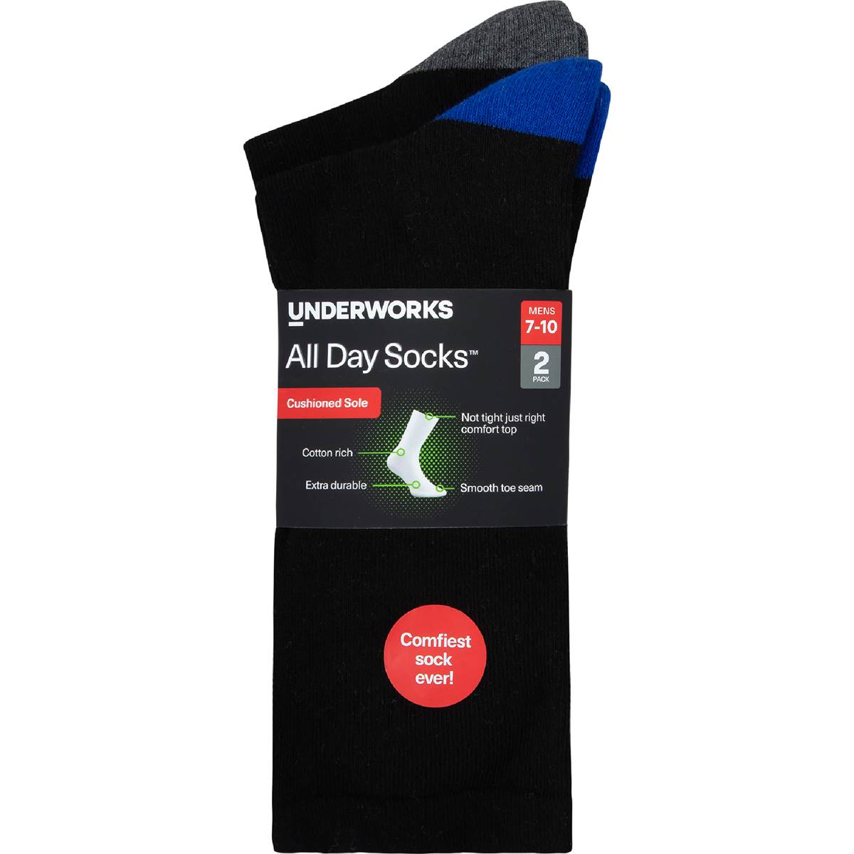 Underworks Mens All Day Cushion Foot Socks Black Size 710 2pk Woolworths