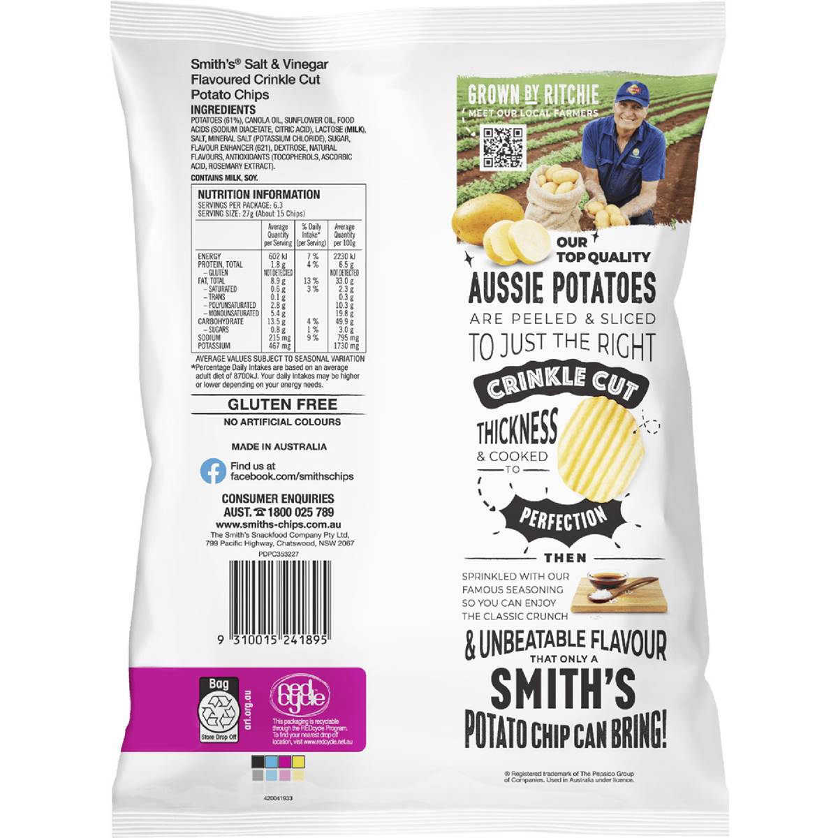 Smith's Chips Share Pack Crinkle Cut Salt & Vinegar 170g Woolworths